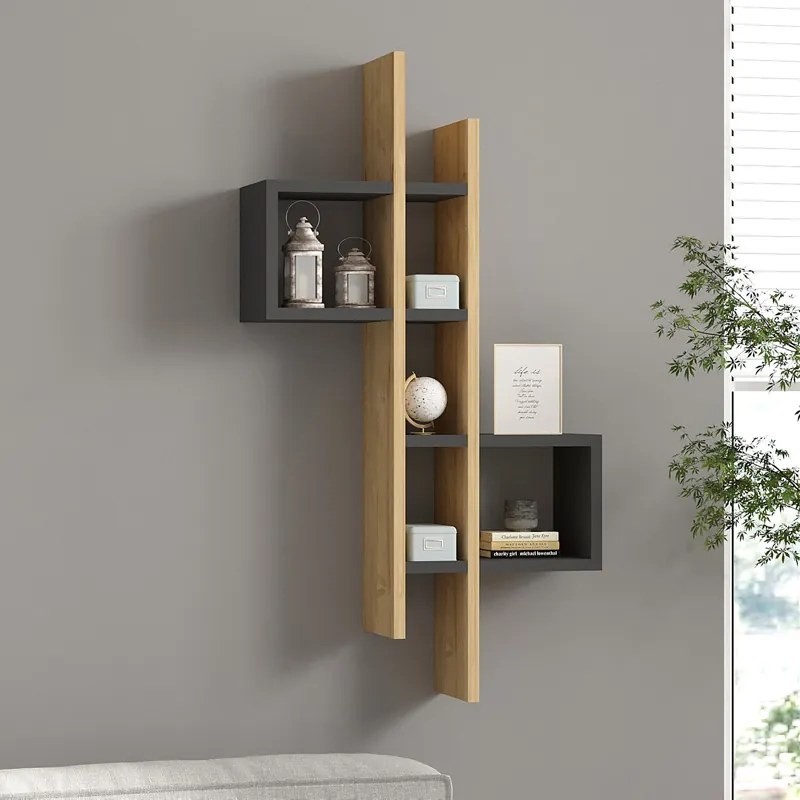 Etajera de perete Garelo din melamina, finisaj stejar-antracit, 53.8x19.6x108 cm