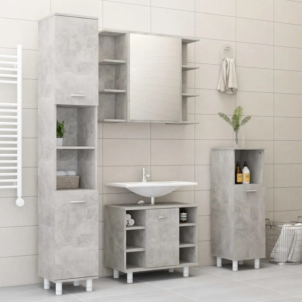 3056902 vidaXL Set mobilier baie, 4 piece, gri beton, lemn prelucrat