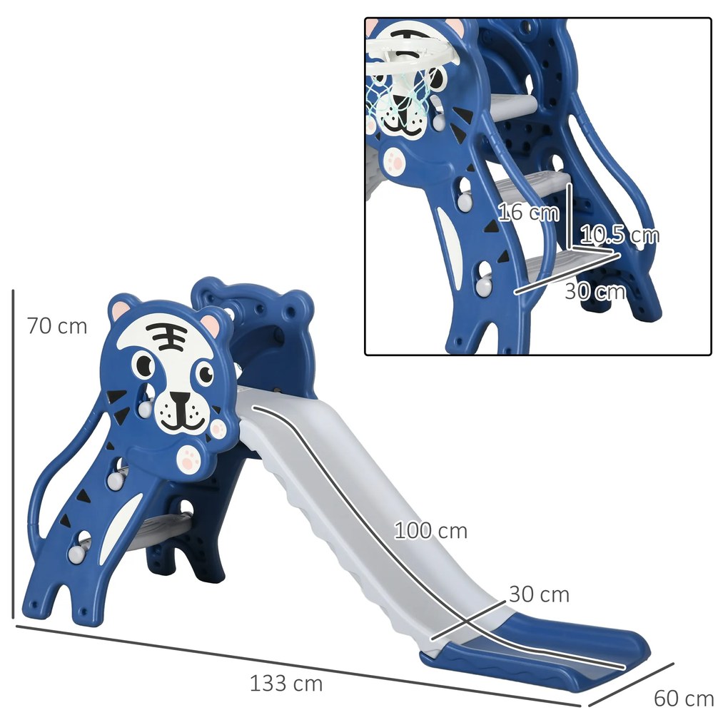 AIYAPLAY Tobogan din Plastic de Interior 2 în 1 pentru Copii cu Coș de Baschet, 70x133x60 cm, Albastru  | Aosom Romania