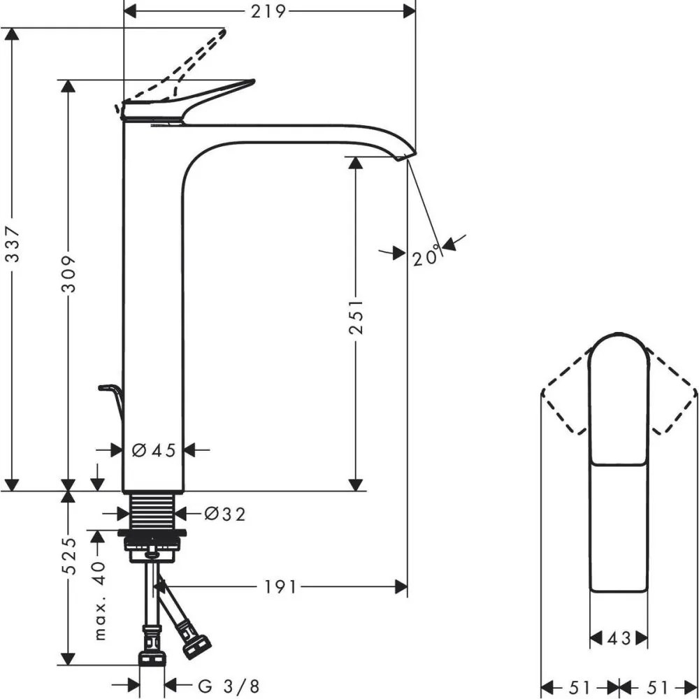 Baterie lavoar inalta culoare alb mat, cu ventil inclus, Hansgrohe Vivenis 250 Alb mat