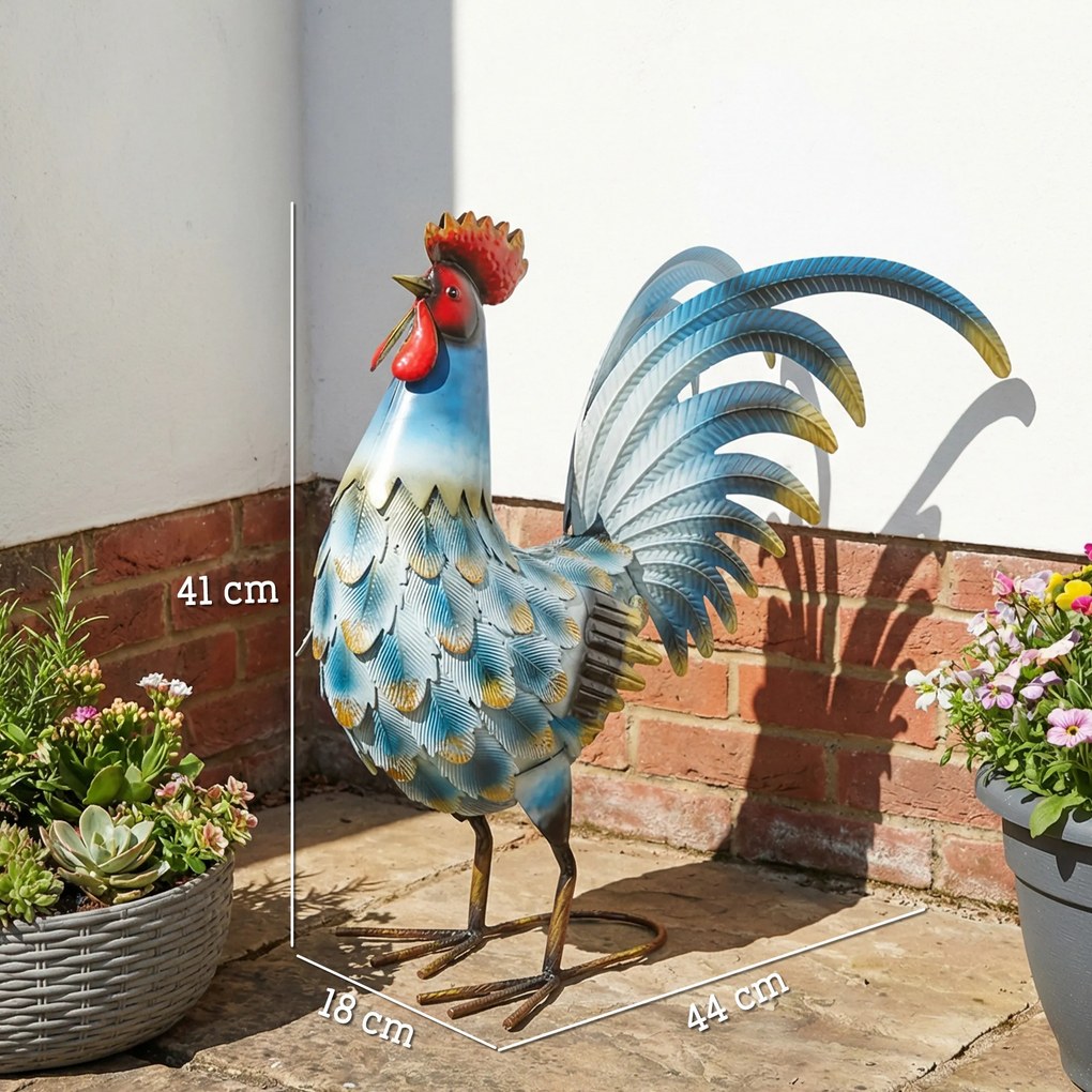 Outsunny Statuetă de cocoș pentru grădină, figură metalică, sculptură de cocoș în picioare 41 cm cu ancore de pământ, Multicolor | Aosom Romania