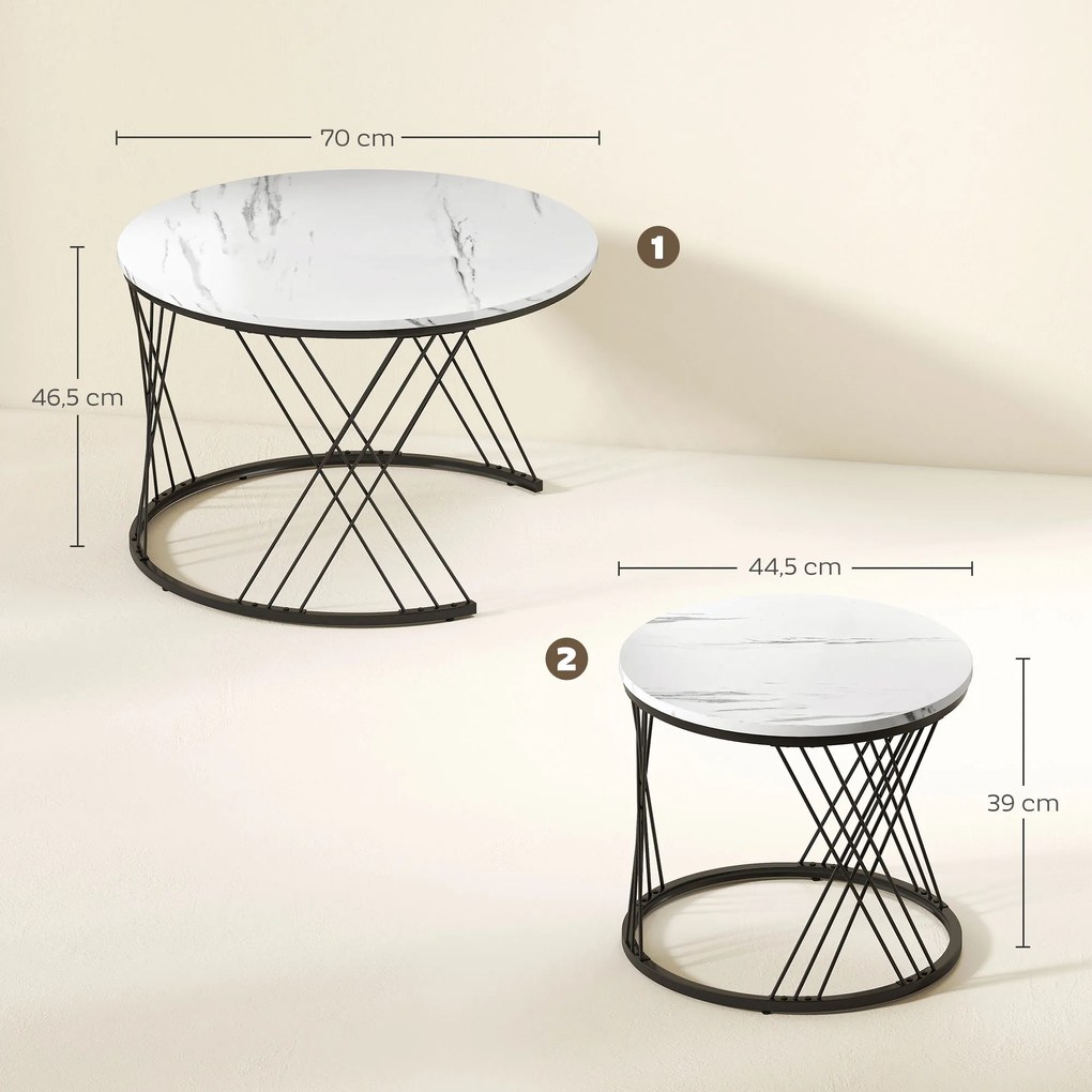 HOMCOM Mese de cafea în set de 2 bucăți, aspect marmură, plăci de particule, metal, mese de cafea rotunde pentru living, plasabile unul în altul, Alb | Aosom Romania