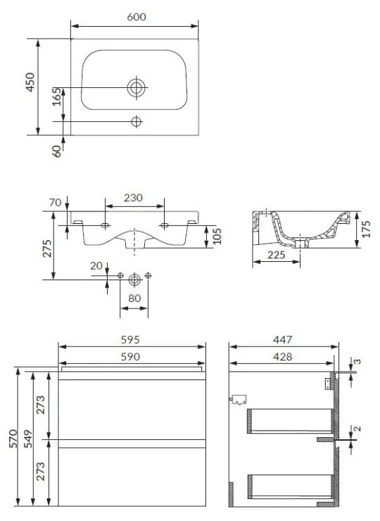 Dulap cu lavoar, 57x60x45 cm, 2 sertare, gri