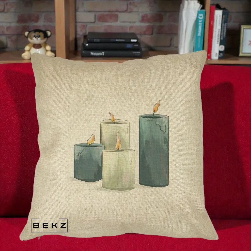 Perna Decorativa Lumanari Hygge Alb-Verde, 40x40 cm, Crem, Husa Detasabila, Perna Inclusa, BEKZ®