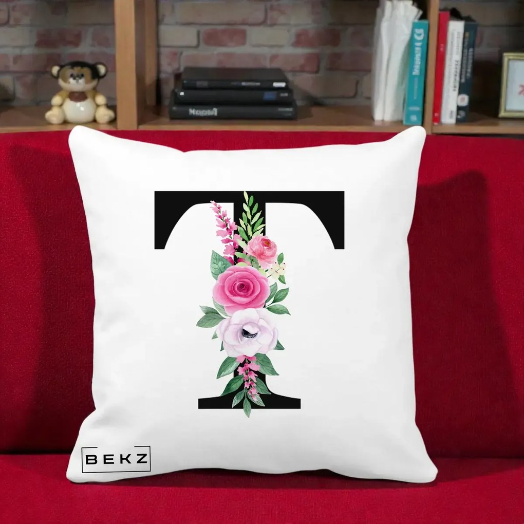 Cadou Personalizat - Perna Personalizata Monograma Florala Litera T, 40x40 cm, Alba Mata, Husa Detasabila, Perna Inclusa, BEKZ®