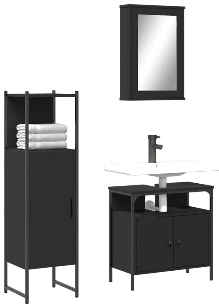 vidaXL Set mobilier de baie, 3 piese, negru, lemn compozit