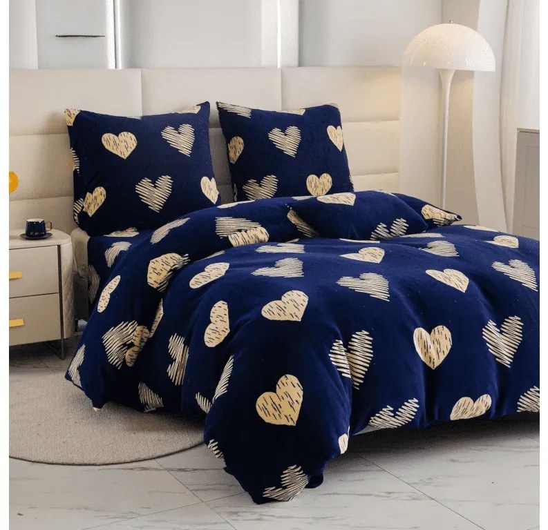 Lenjerie de pat microfleece GOLDEN HEARTS albastru inchis Dimensiunile lenjeriei: 2 buc 70 x 90 cm | 200 x 220 cm