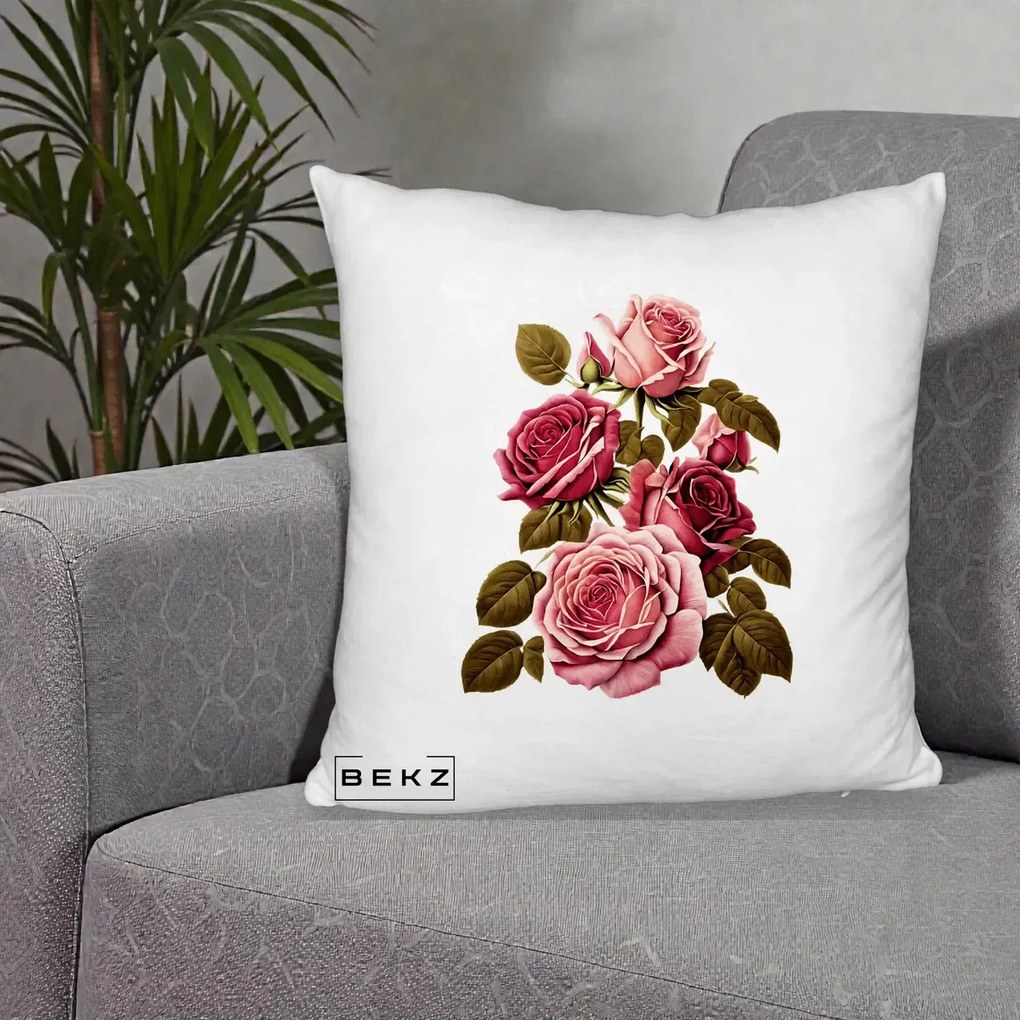 Perna Decorativa Trandafiri Vintage Roz-Rosii, 40x40 cm, Alb Pufos, Husa Detasabila, Perna Inclusa, BEKZ®