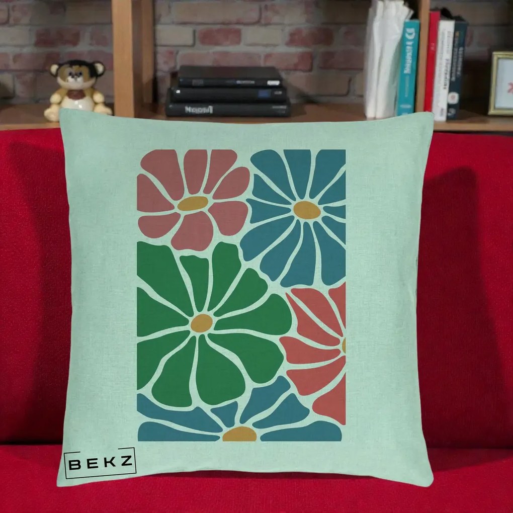 Perna Decorativa Flori Grafice Verde-Roz-Albastru, 40x40 cm, Verde Menta, Husa Detasabila, Perna Inclusa, BEKZ®