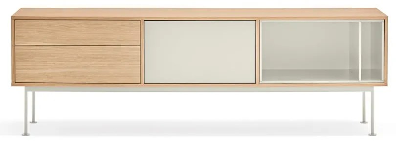 Comodă TV cu aspect de lemn de stejar Teulat Yoko, alb-crem