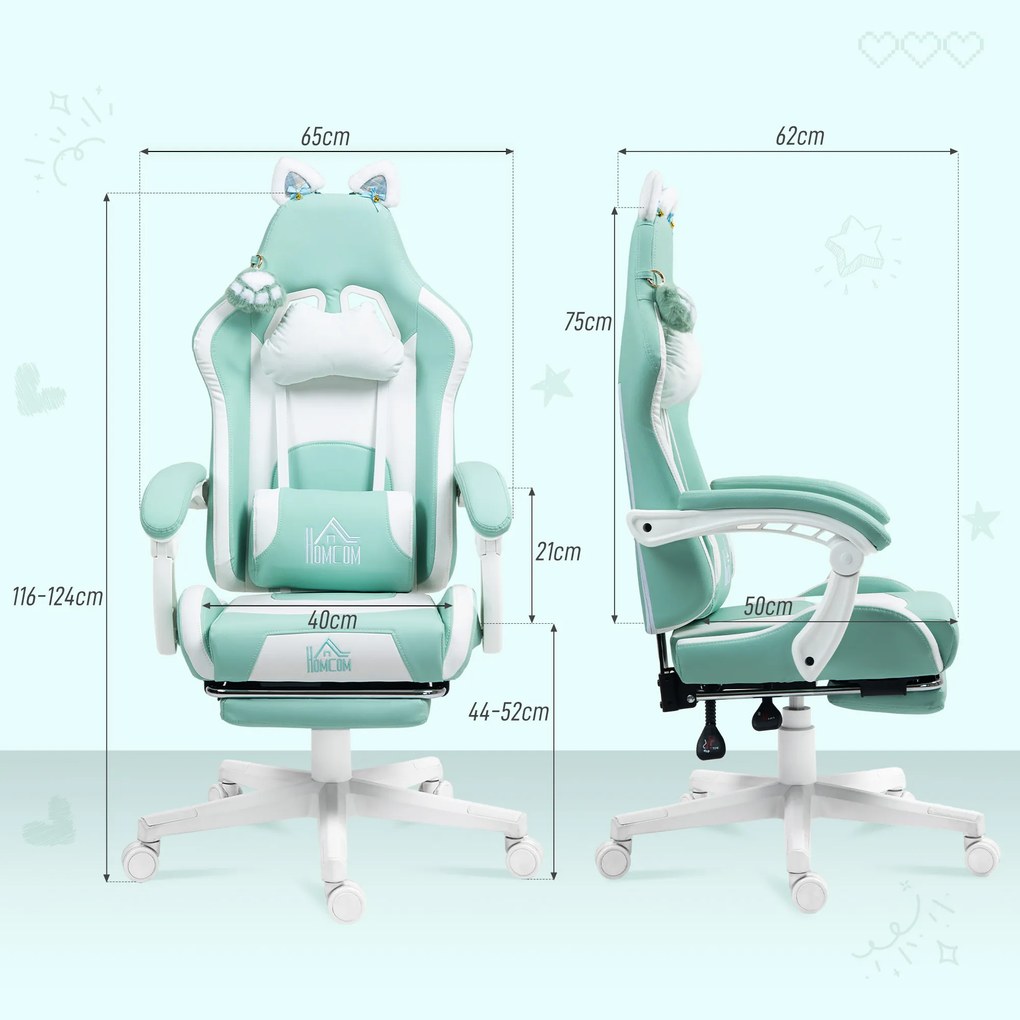 Scaun de Gaming Reclinabil HOMCOM cu Suport pentru Picioare și Perne, din Piele Artificială și Spumă, 65x62x116-124 cm, Albastru și Alb | Aosom Romania