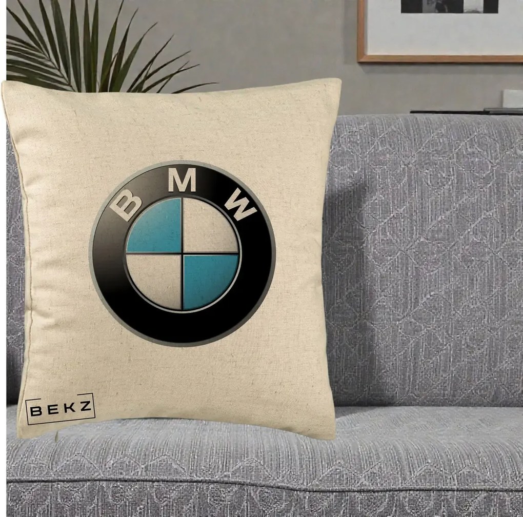 Perna Personalizata cu emblema BMW, 40x40 cm, Bej, Husa Detasabila, Perna Inclusa, BEKZ®