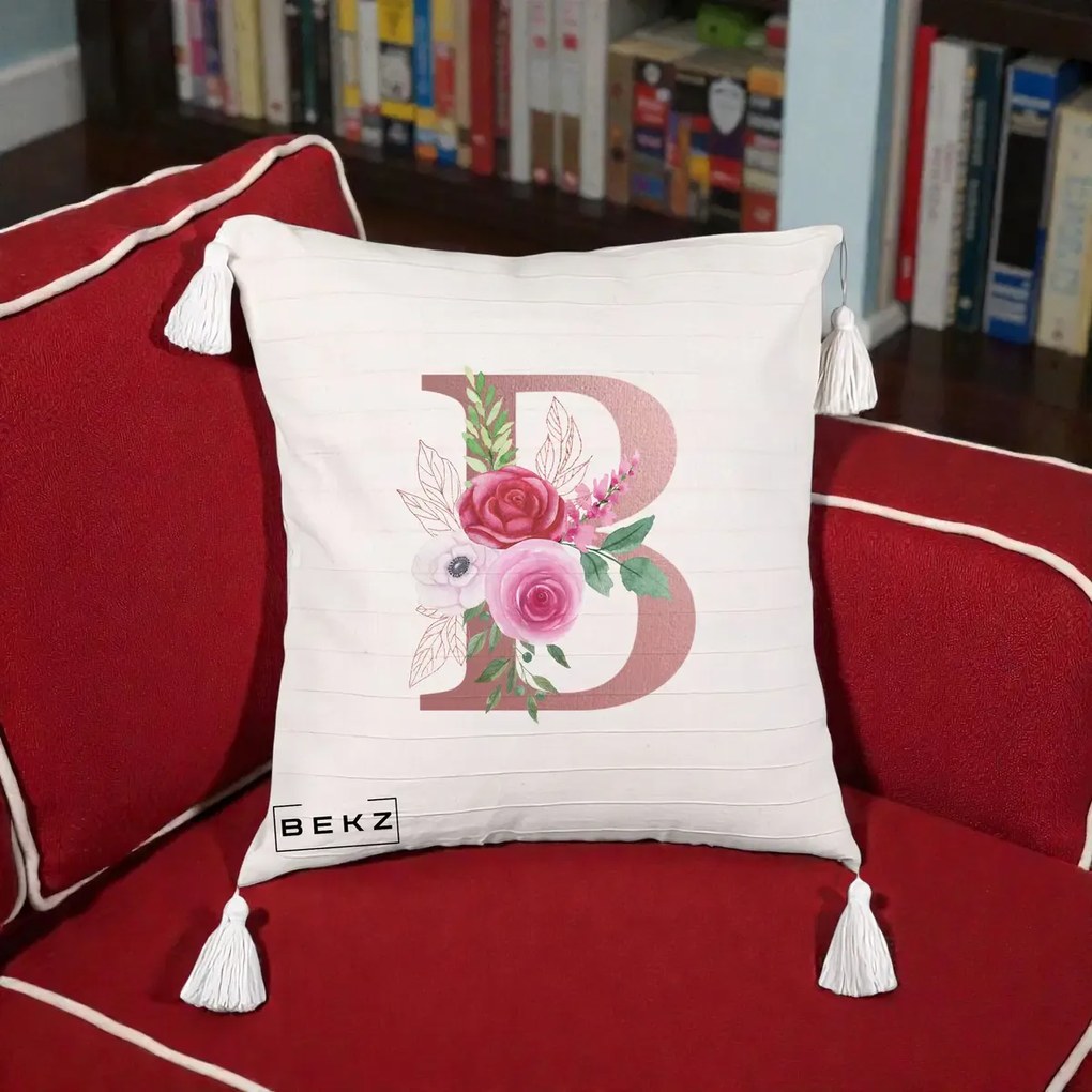 Cadou Personalizat - Perna Personalizata Monograma Rose Gold Litera B, 40x40 cm, Bej cu Franjuri, Husa Detasabila, Perna Inclusa, BEKZ®