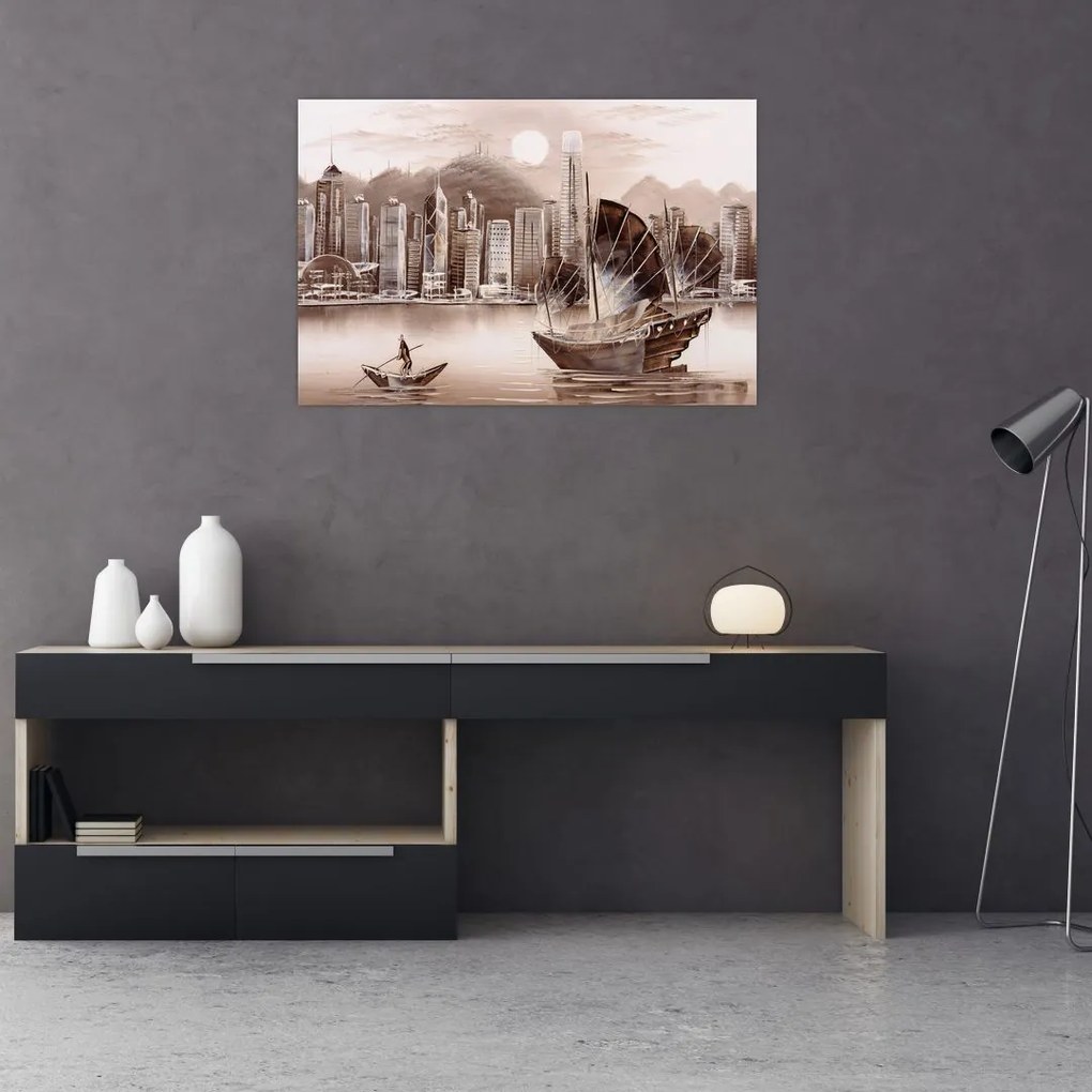 Tablou - Victoria Harbour, Hong Kong, efect sepia (90x60 cm)