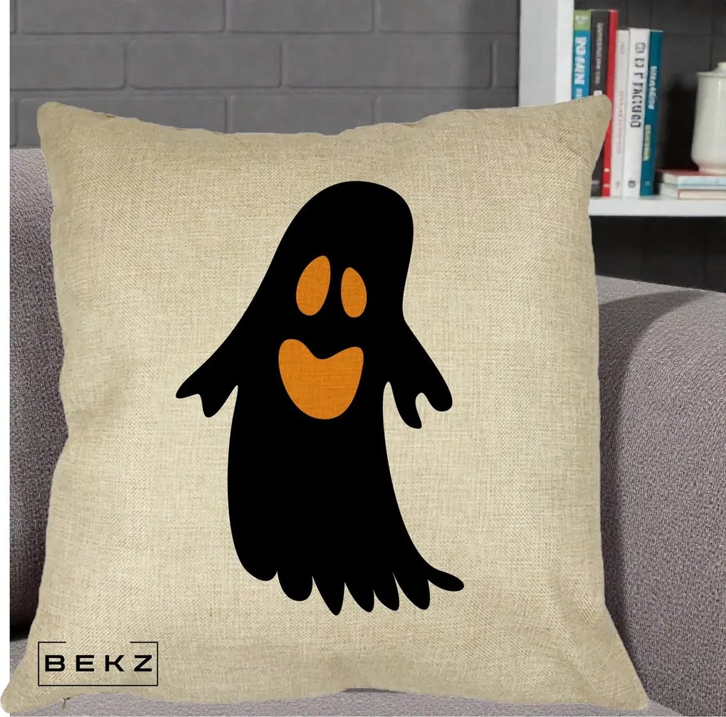 Perna Decorativa Halloween Fantoma Neagra cu Ochi Portocalii, 40x40 cm, Crem, Husa Detasabila, Perna Inclusa, BEKZ®
