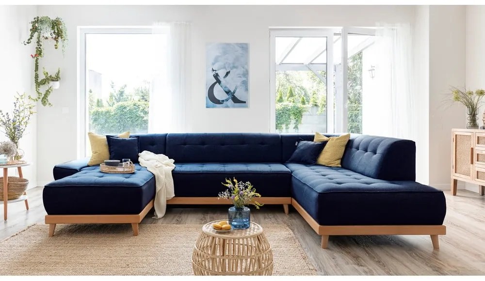 Canapea extensibilă în formă de "U" cu șezlong pe partea dreaptă Miuform Dazzling Daisy, albastru petrol