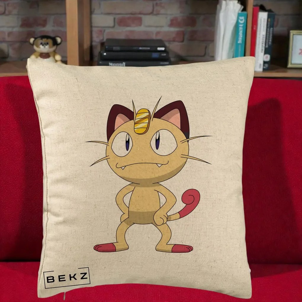 Perna Personalizata Meowth Pokemon, 40x40 cm, Bej, Husa Detasabila, Perna Inclusa, BEKZ®