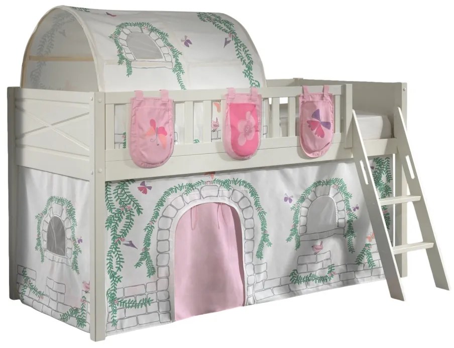 Set pat semi-supraetajat pentru copii SCOTT, alb, 90 x 200 cm, pin scandinav masiv, cu scară, opțional cu sertare și buzunare pentru depozitare și