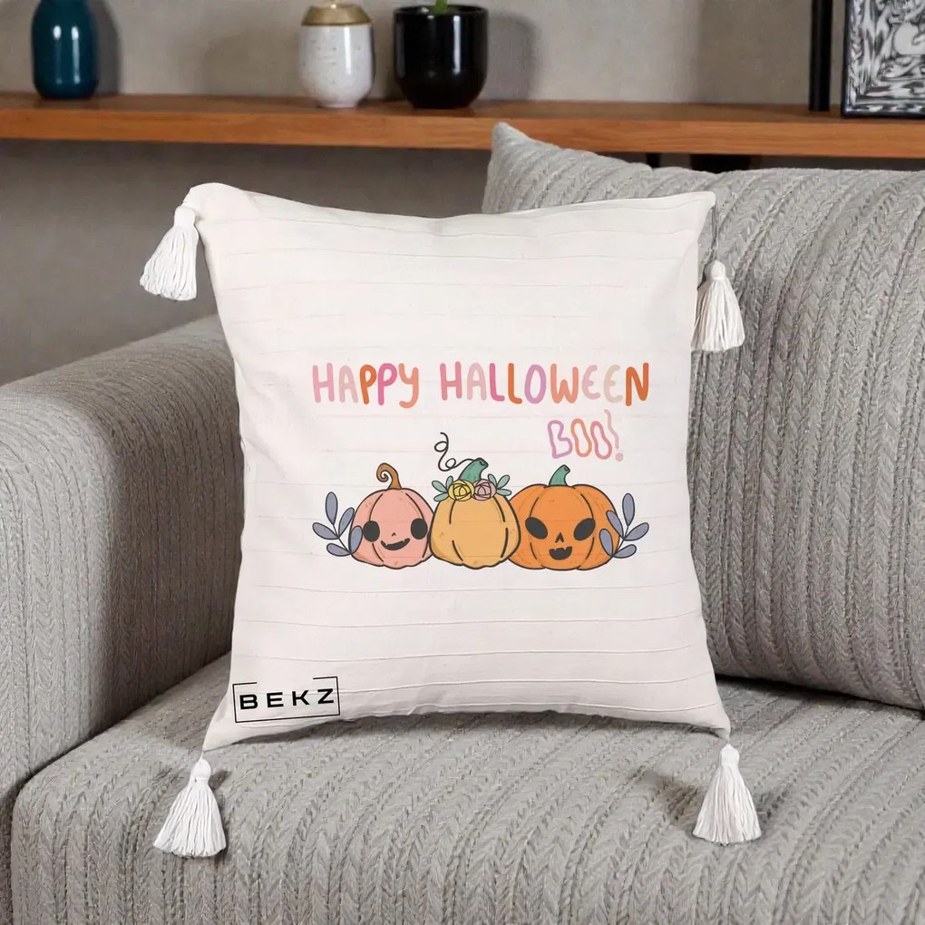 Perna Decorativa Happy Halloween Boo Trei Dovlecei Kawaii, 40x40 cm, Bej cu Franjuri, Husa Detasabila, Perna Inclusa, BEKZ®