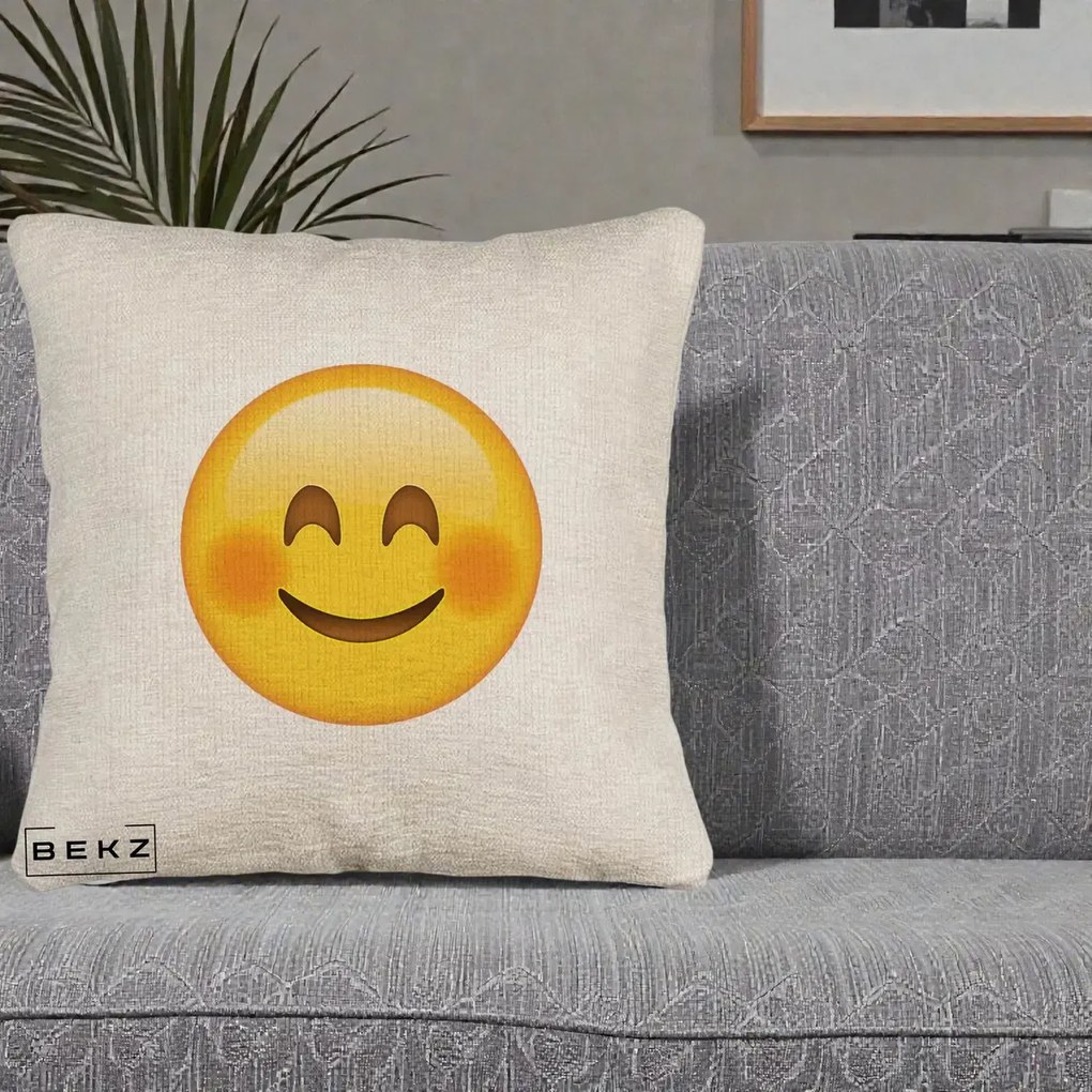 Perna Decorativa Emoji Fericit Roscat, 40x40 cm, Bej Canapea, Husa Detasabila, Perna Inclusa, BEKZ®
