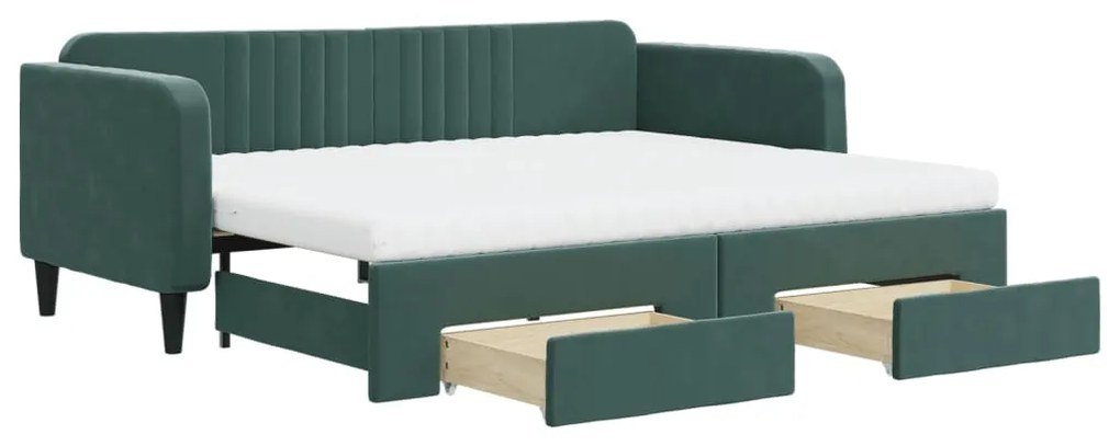3197137 vidaXL Pat de zi cu extensie și sertare verde închis 90x200 cm catifea
