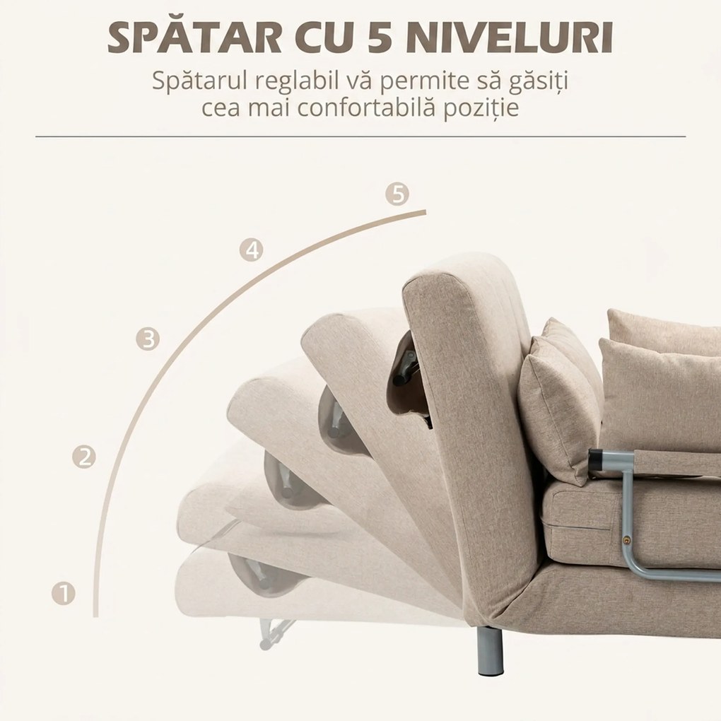 HOMCOM Canapea Extensibilă cu 2 Locuri, Spătar Reglabil și 4 Perne Tapițate, 102x82x81 cm, Bej | Aosom Romania