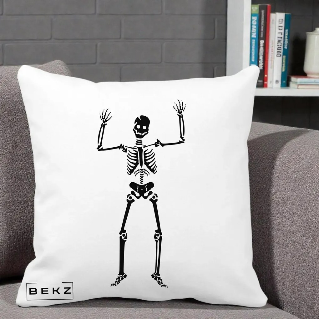 Perna Decorativa Halloween Schelet Dansator, 40x40 cm, Alba Mata, Husa Detasabila, Perna Inclusa, BEKZ®