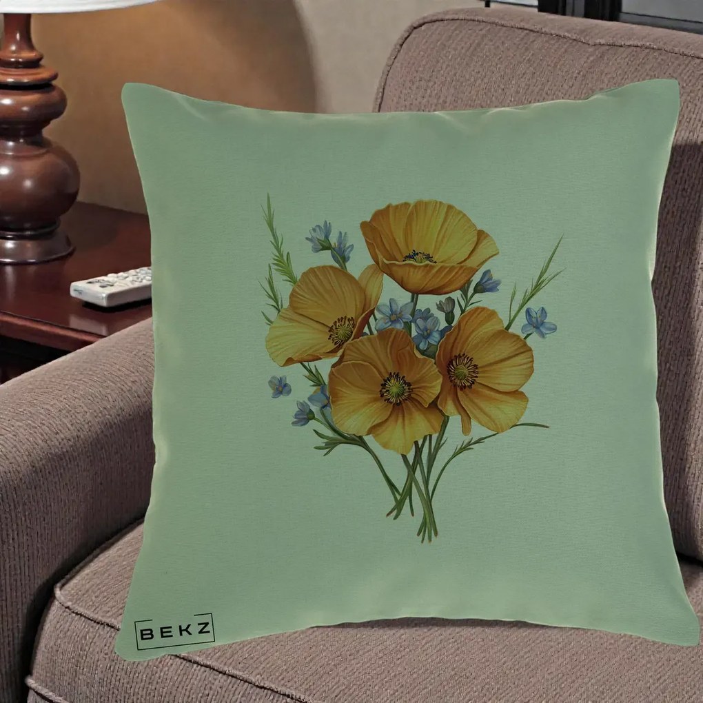 Perna Decorativa Maci Portocalii cu Floricele Albastre, 40x40 cm, Verde, Husa Detasabila, Perna Inclusa, BEKZ®