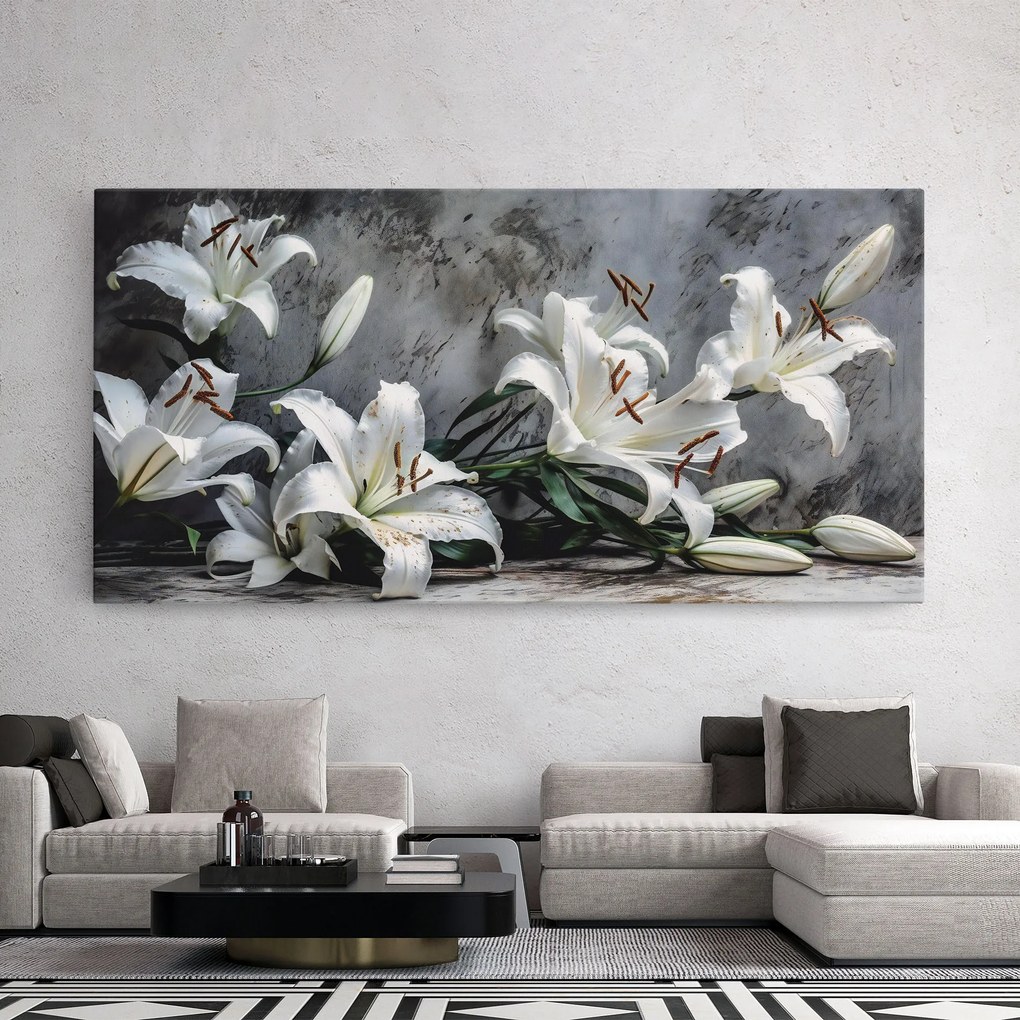 Tablou Canvas, 100x200cm, Dormitor si Living, Flori, Crini, White Pretty Lily On Grey