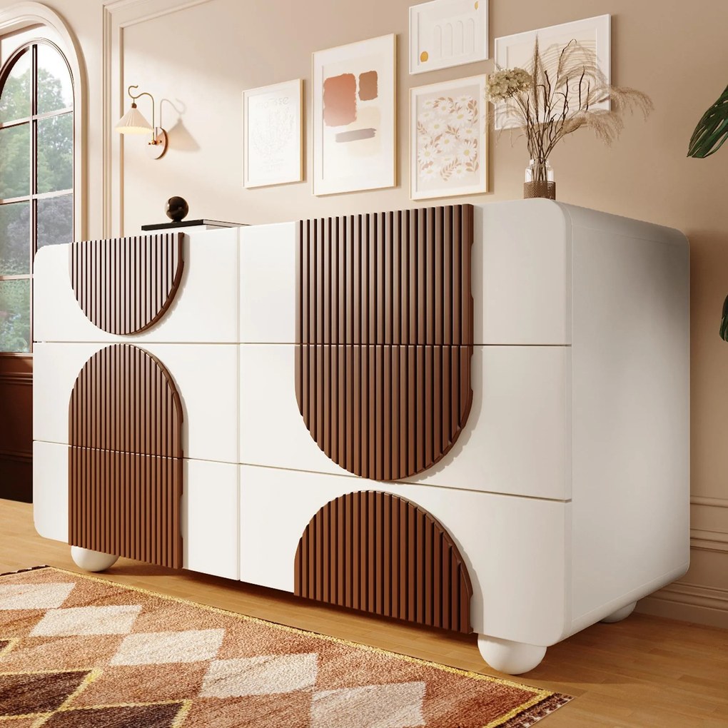 Comodă cu 6 sertare, cu șipci din lemn de culoare ciocolată și picioare sferice din lemn masiv, albe, 121x41x71 cm, Alb