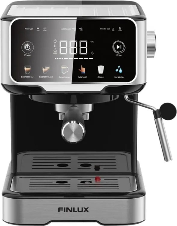 Espressor manual pentru cafea macinata Finlux FEM-1655BS, 1100 W, 20 bar, 1,5 l, Ecran tactil, Bloc termic, Duza de abur, Argintiu/Negru