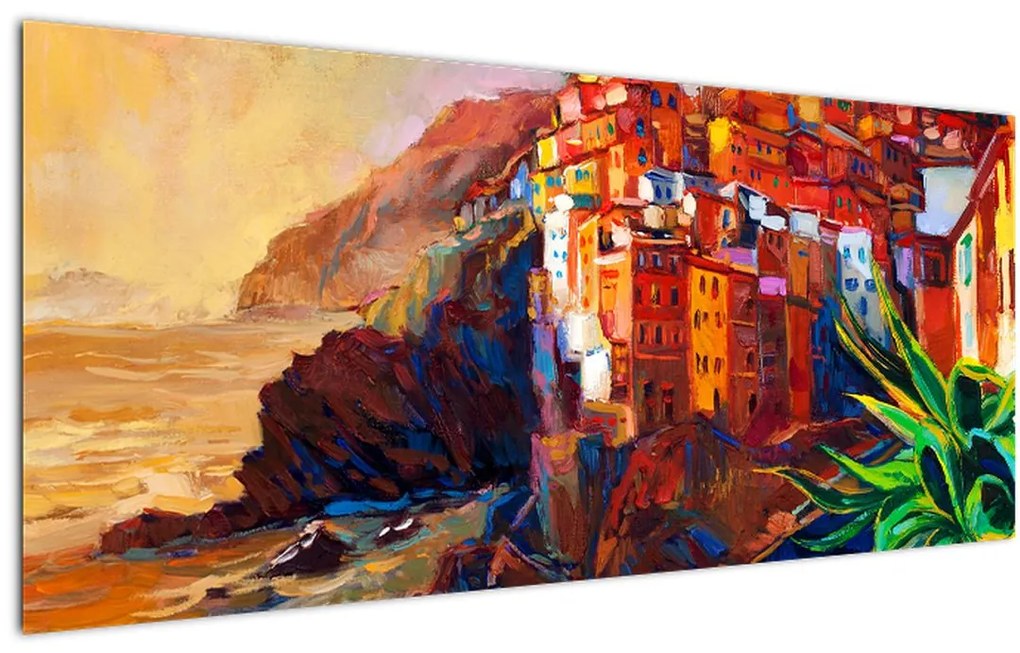 Tablou - Satul de coastă Cinque Terre, Riviera italiană, impresionismul modern (120x50 cm)