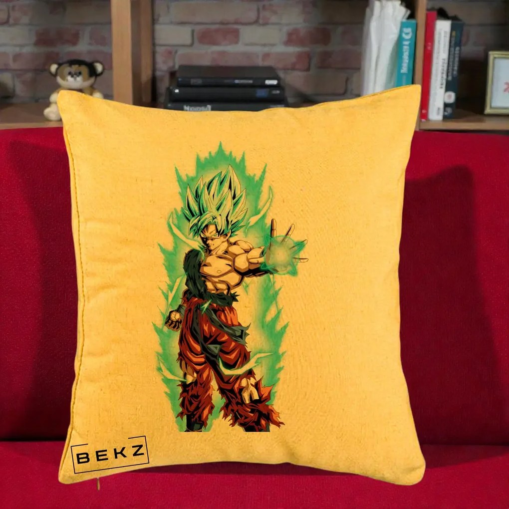 Perna Personalizata Dragon Ball Goku Ultra Instinct Blue, 40x40 cm, Galben, Husa Detasabila, Perna Inclusa, BEKZ®