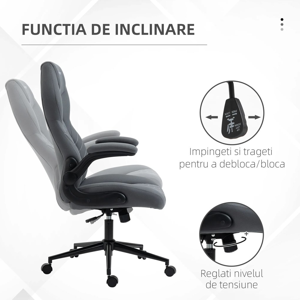 Vinsetto Scaun de Birou Ergonomic cu Înălțime Reglabilă, Cotiere Rabatabile și Funcție de Înclinare, Scaun cu 5 Roți, Dimensiuni 65,5x69,5x112-122 cm, Gri | Aosom Romania