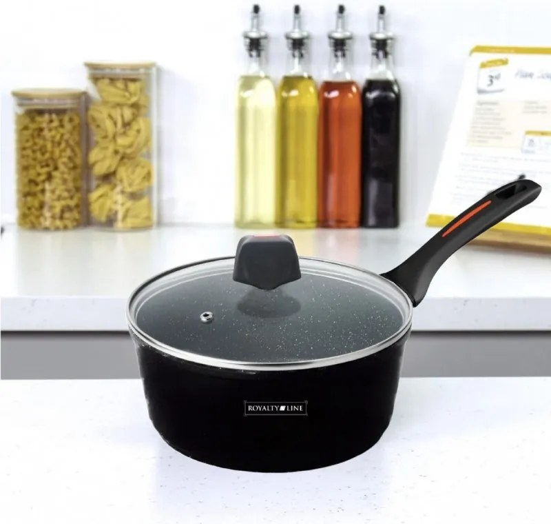 Caserolă cu capac Royalty Line RL-FSN20, 20 cm, 2.1 l, finisaj granit, inducție, negru