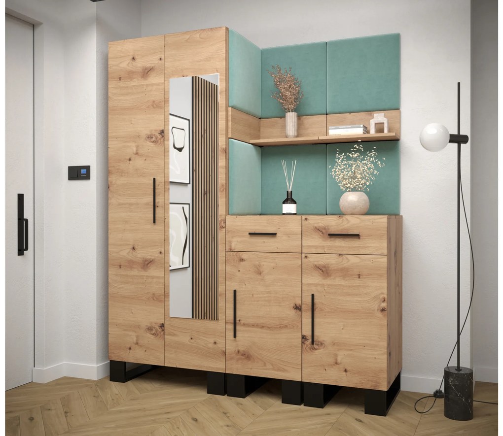 Set mobilier pentru hol Amanda 15 (Stejar artisan + verde). 1085985