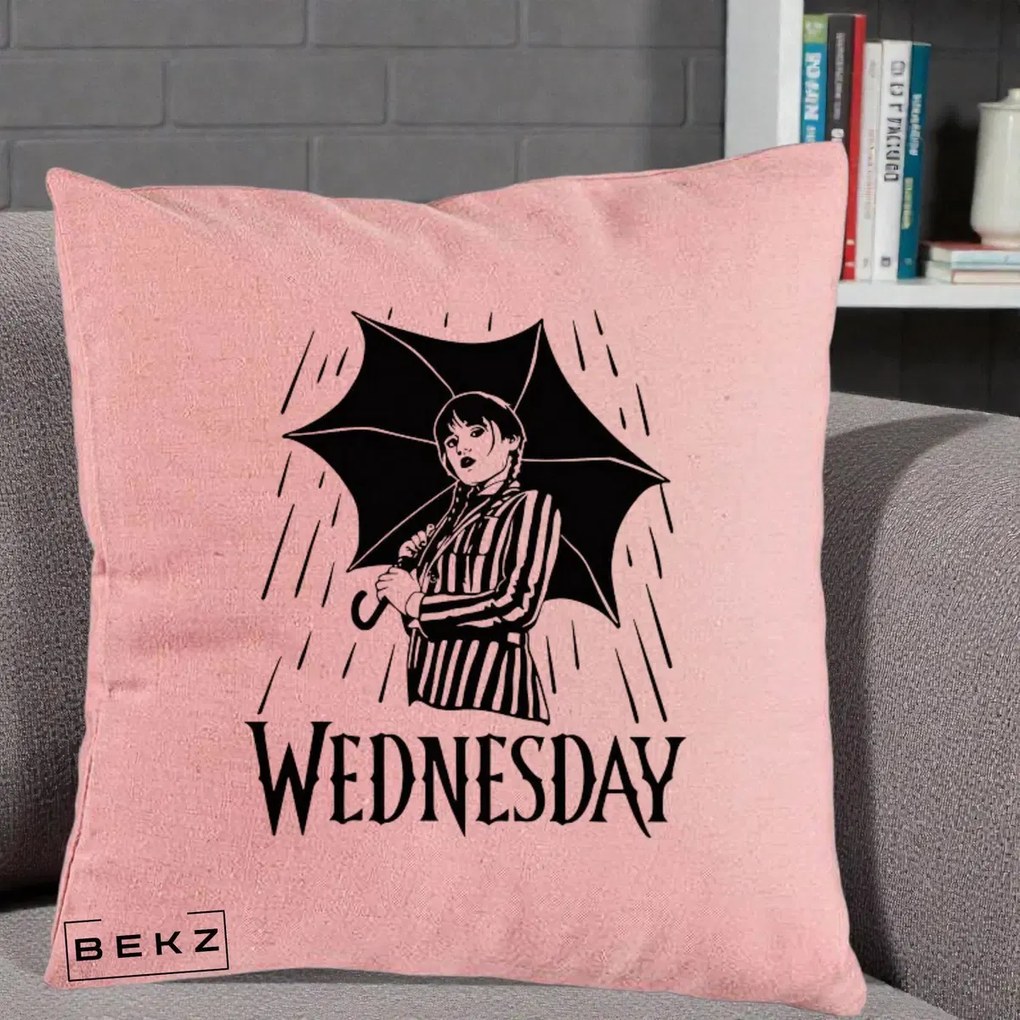 Perna Personalizata Wednesday cu Umbrela Ploaie Lineart, 40x40 cm, Roz, Husa Detasabila, Perna Inclusa, BEKZ®