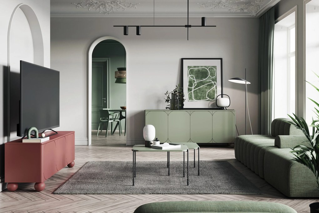 Comodă Sonatia II 200 cm cu patru uși - verde măsliniu / picioare sferice