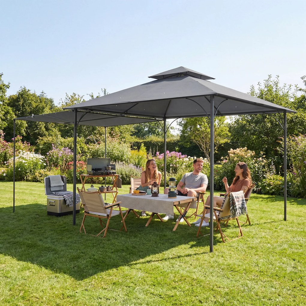 Outsunny Foișor de Grădină 3.2x3.2 m cu Acoperiș Extensibil, Foișor de Exterior cu Acoperiș Dublu Ventilat, Găuri de Drenaj, Cadru Metalic, pentru Grădină, Balcon, Petreceri, Terasă, UV30+, Gri Închis | Aosom Romania