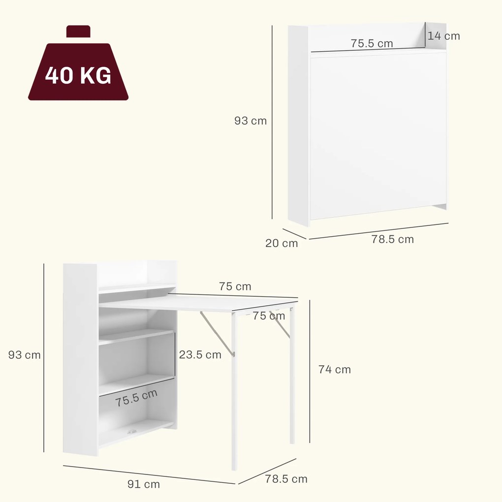 HOMCOM Masă de dining pliabilă 78,5x91 cm, cu 4 rafturi, pentru 3 persoane, masă de bucătărie rabatabilă, alb | Aosom Romania
