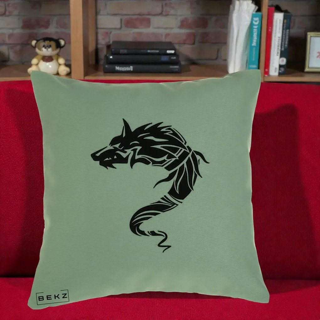 Perna Decorativa Lup Tribal Alb-Negru, 40x40 cm, Verde, Husa Detasabila, Perna Inclusa, BEKZ®