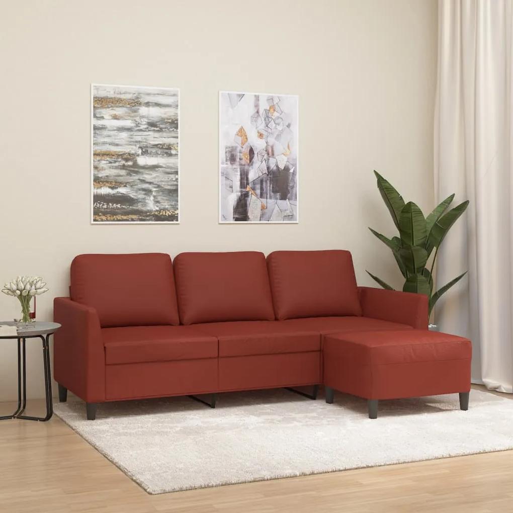 3153501 vidaXL Canapea cu 3 locuri și taburet, roșu vin 180 cm piele ecologică