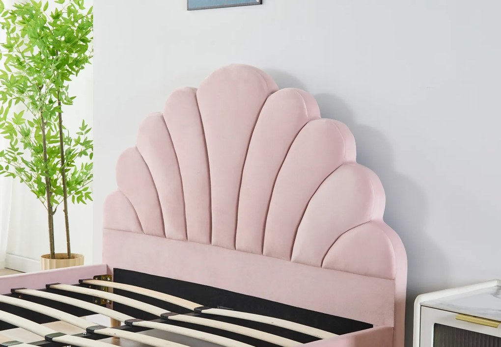 Pat Tapitat Catifea Roz 140x200 cm cu Somiera si Saltea Inclusa ,   Cod LB-50   Design Elegant si Confort Maxim