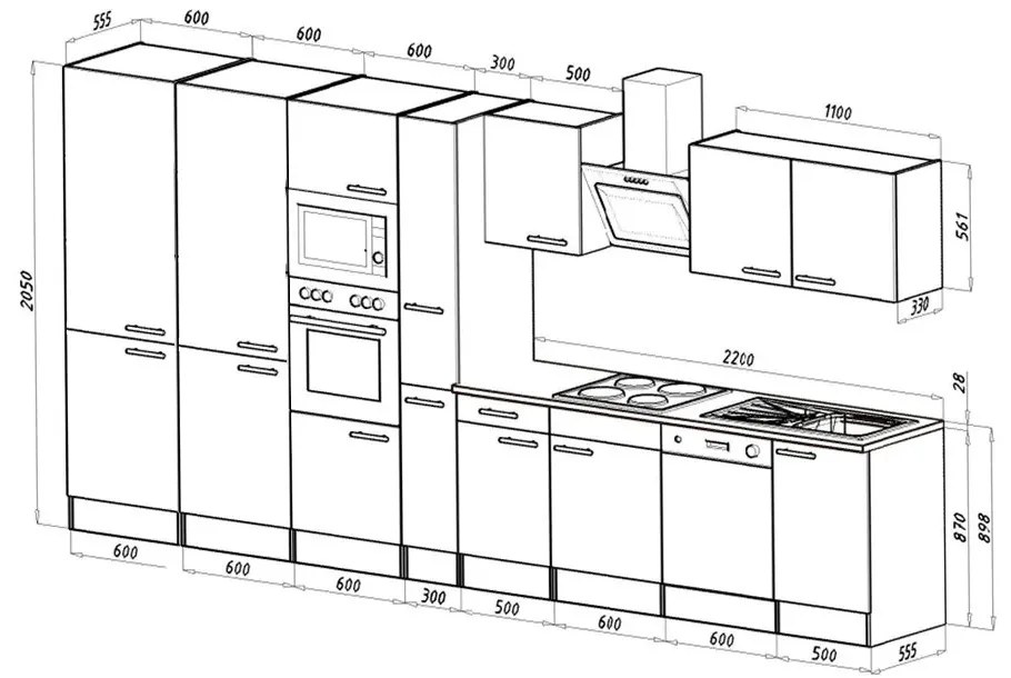 Mobilă de bucătărie Yorki 430, corp din stejar Yorki, față antracit satinat, frigider cu congelator în partea de jos