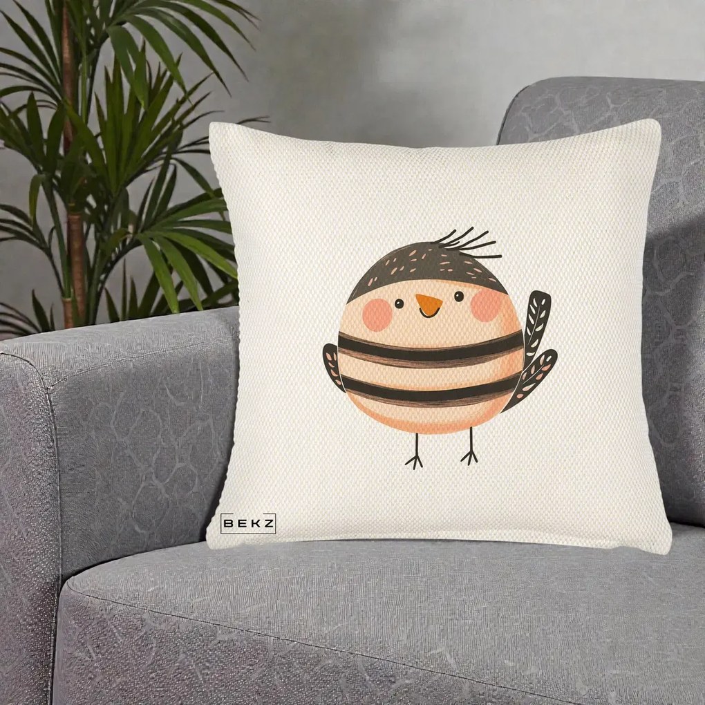 Perna Decorativa Pui Kawaii Bej-Negru Dungat, 40x40 cm, Crem Reliefat, Husa Detasabila, Perna Inclusa, BEKZ®