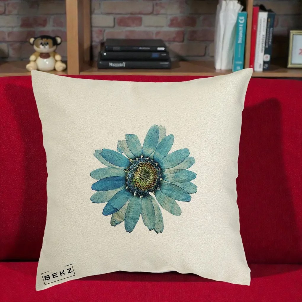 Perna Decorativa Floare Margareta Albastra Acuarela, 40x40 cm, Ecru, Husa Detasabila, Perna Inclusa, BEKZ®