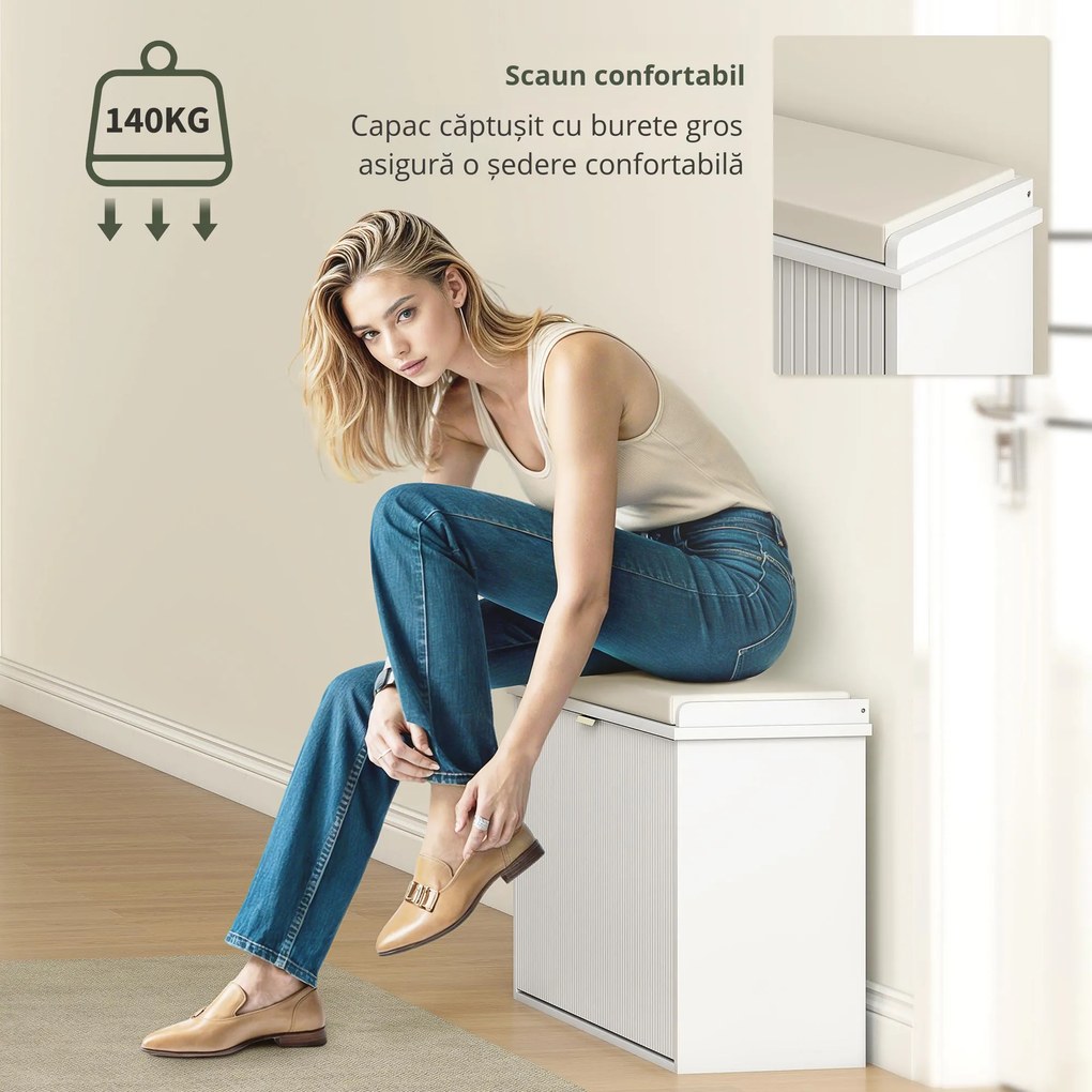 HOMCOM Bancă pentru Pantofi cu Raft Interior Reglabil și Detașabil, 80x26x47.5 cm, Alb și Bej | Aosom Romania