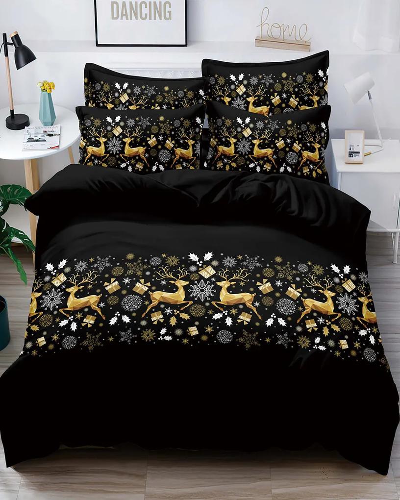 Set lenjerie de pat Mos Crăciun cu elastic, tesatura tip finet, 6 piese, pat 2 persoane, galben / negru, FNJEC-15