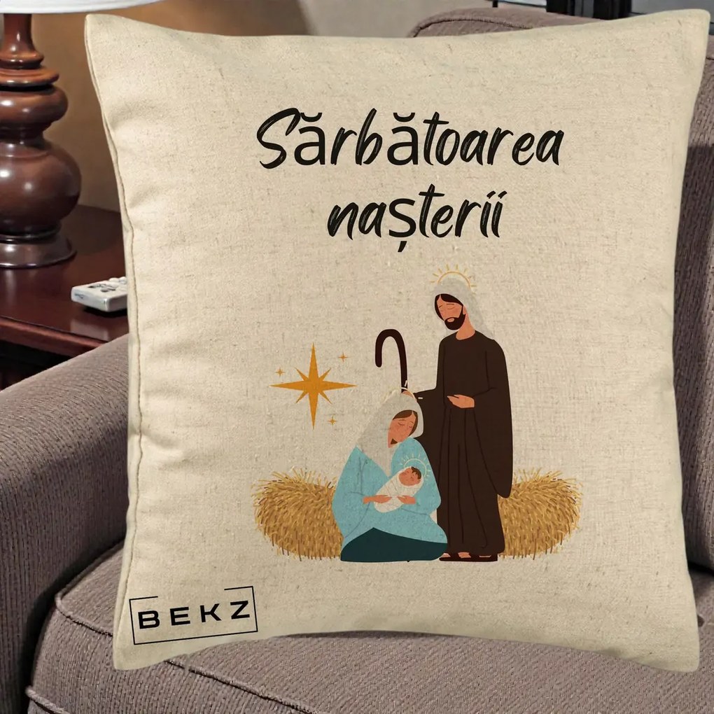 Perna Decorativa Nasterea Domnului Sfanta Familie Sarbatoarea Nasterii, 40x40 cm, Bej, Husa Detasabila, Perna Inclusa, BEKZ®