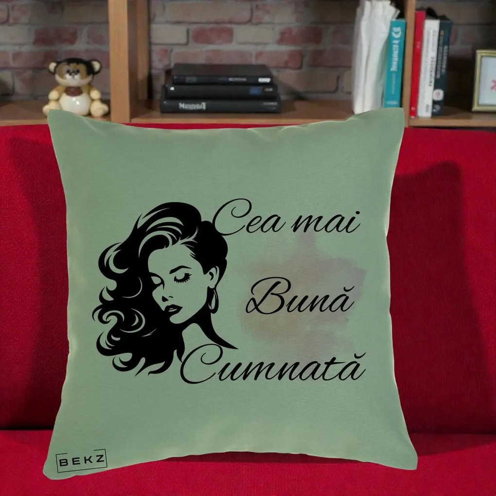 Cadou pentru Cumnata - Perna Personalizata Cea mai Buna Cumnata cu Silueta Dama si Pete Roz, 40x40 cm, Verde, Husa Detasabila, Perna Inclusa, BEKZ®